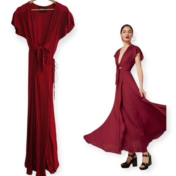 Reformation Dresses & Skirts - Reformation Orchid Front Tie Wrap Cutout Maxi Dress Red Flutter Sleeves Size 12